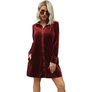Caitefaso Womens Velvet Button Down T Shirts Swing Mini Dress Casual Long Sleeves Lapel Tunic Tops