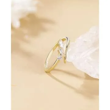 TIGRADE 14k Gold Plated Open Rings Dainty Baguette Marquise Round Cubic Zirconia Stackable Ring for ...