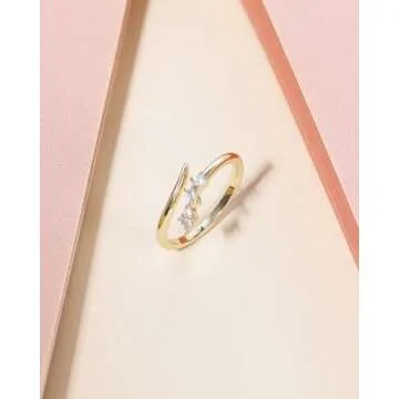 TIGRADE 14k Gold Plated Open Rings Dainty Baguette Marquise Round Cubic Zirconia Stackable Ring for Women Size 4-11