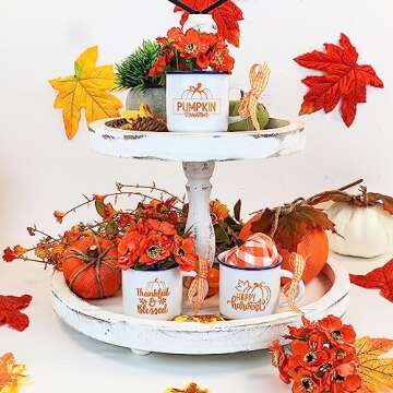 3PCS Mini Coffee Mug with Artificial Flowers for Fall/Thanksgiving Tiered Tray Decor - Autumn Pumpki...
