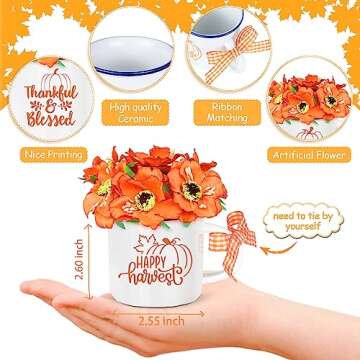3PCS Mini Coffee Mug with Artificial Flowers for Fall/Thanksgiving Tiered Tray Decor - Autumn Pumpkin Ceramic Fall Decorations for Home Fall Decor Farmhouse Table Centerpiece Warming Gifts New Home