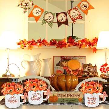 3PCS Mini Coffee Mug with Artificial Flowers for Fall/Thanksgiving Tiered Tray Decor - Autumn Pumpkin Ceramic Fall Decorations for Home Fall Decor Farmhouse Table Centerpiece Warming Gifts New Home