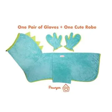 Pawyee Super Soft Fast-Drying Dog Towel with Drying Gloves for Cold Weather, Beach, Pool - Adjustable Microfiber Bath Robe Set (2 pcs) for Cats and Dogs (XL, Blue Dino)