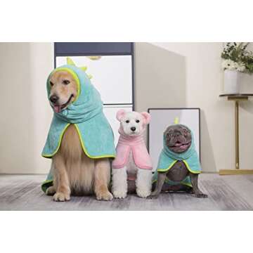 Pawyee Super Soft Fast-Drying Dog Towel with Drying Gloves for Cold Weather, Beach, Pool - Adjustable Microfiber Bath Robe Set (2 pcs) for Cats and Dogs (XL, Blue Dino)