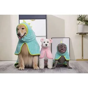 Pawyee Super Soft Fast-Drying Dog Towel with Drying Gloves for Cold Weather, Beach, Pool - Adjustable Microfiber Bath Robe Set (2 pcs) for Cats and Dogs (XL, Blue Dino)