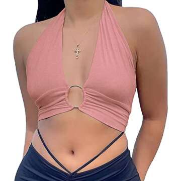 Stylish Halter Wrap Y2K Crop Top for Women in Dark Pink