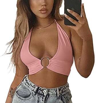 Stylish Halter Wrap Y2K Crop Top for Women in Dark Pink