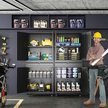 Yizosh Metal Garage Storage Cabinet with Locking Doors, Adjustable Shelves and Rolling Tool Storage