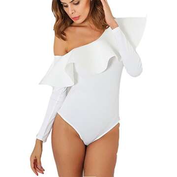 Antopmen Women's Slash Neck Long Sleeve Ruffles Bodysuit One Piece Jumpsuits (Medium, White)