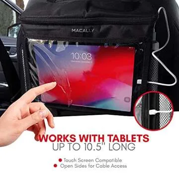 Macally Tablet Holder for Car Back Seat - A Must Have Organizer and Rear Facing Backseat iPad Holder for Kids on Long Drives - Hanger Case Compatible with Any Vehicle Headrest and Tablets up to 10.5”