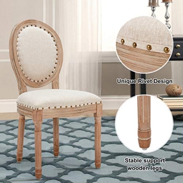 AVAWING Farmhouse Fabric Dining Room Chairs 4 PCS, French Chairs with Round Back, Brown Wood Legs, Oval Side Chairs for Dining Room/Living Room/Kitchen/Restaurant, Beige