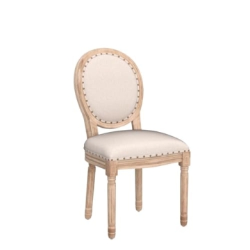 AVAWING Farmhouse Fabric Dining Room Chairs 4 PCS, French Chairs with Round Back, Brown Wood Legs, Oval Side Chairs for Dining Room/Living Room/Kitchen/Restaurant, Beige