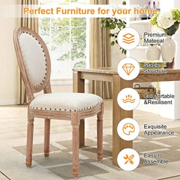 AVAWING Farmhouse Fabric Dining Room Chairs 4 PCS, French Chairs with Round Back, Brown Wood Legs, Oval Side Chairs for Dining Room/Living Room/Kitchen/Restaurant, Beige