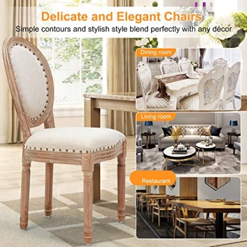 AVAWING Farmhouse Fabric Dining Room Chairs 4 PCS, French Chairs with Round Back, Brown Wood Legs, Oval Side Chairs for Dining Room/Living Room/Kitchen/Restaurant, Beige