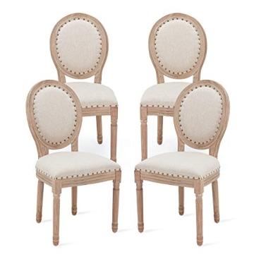 AVAWING Farmhouse Fabric Dining Room Chairs 4 PCS, French Chairs with Round Back, Brown Wood Legs, Oval Side Chairs for Dining Room/Living Room/Kitchen/Restaurant, Beige