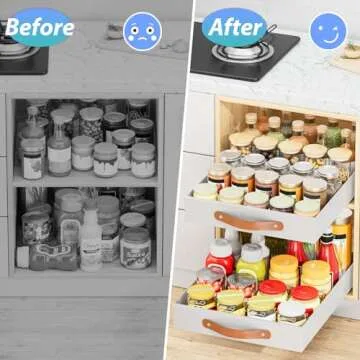 OVICAR Pull Out Cabinet Drawer - Adhesive Slide Out Organizer, 13.8" W x 16.3" D Heavy Duty Sliding Drawers Pantry Shelves Storage with 4pcs Divider Racks for Kitchen Bathroom Home, White