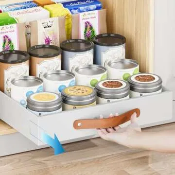 OVICAR Pull Out Cabinet Drawer - Adhesive Slide Out Organizer, 13.8" W x 16.3" D Heavy Duty Sliding Drawers Pantry Shelves Storage with 4pcs Divider Racks for Kitchen Bathroom Home, White