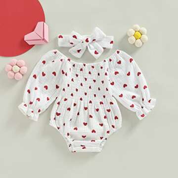 farrubbyine8 Baby Girl Valentines Day Outfit Cute Romper Long Sleeve Ruched Bodysuit Outfits Baby Gi...