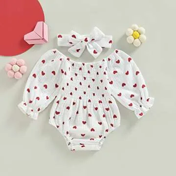 farrubbyine8 Baby Girl Valentines Day Outfit Cute Romper Long Sleeve Ruched Bodysuit Outfits Baby Gi...