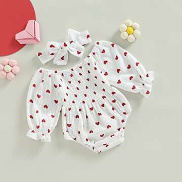 farrubbyine8 Baby Girl Valentines Day Outfit Cute Romper Long Sleeve Ruched Bodysuit Outfits Baby Girl Clothes (Heart A, 12-18 Months)