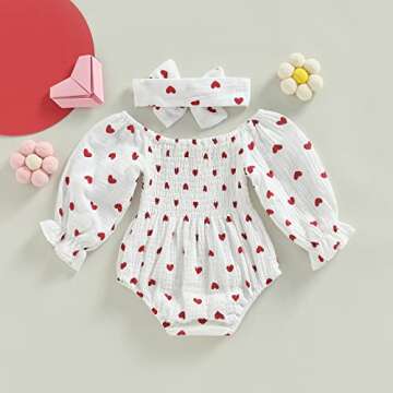 farrubbyine8 Baby Girl Valentines Day Outfit Cute Romper Long Sleeve Ruched Bodysuit Outfits Baby Girl Clothes (Heart A, 12-18 Months)