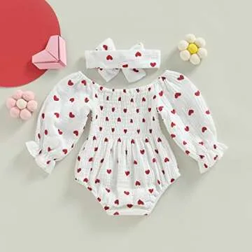 farrubbyine8 Baby Girl Valentines Day Outfit Cute Romper Long Sleeve Ruched Bodysuit Outfits Baby Girl Clothes (Heart A, 12-18 Months)