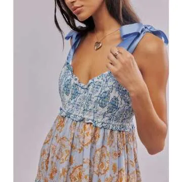 ABYOVRT Women Floral Maxi Dress Sleeveless Tie Shoulder Bohemian Flowy Smocked Dresses Casual Summer Sundress with Pockets(Light Blue,L)