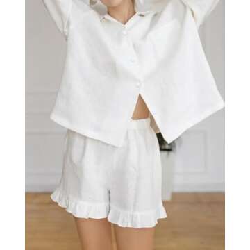 Xfileen Women Ruffle 2 Piece Sets Long Sleeve Button Down Shirt and Shorts Pajamas Sets