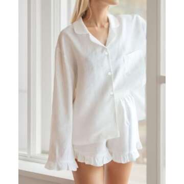 Xfileen Women Ruffle 2 Piece Sets Long Sleeve Button Down Shirt and Shorts Pajamas Sets