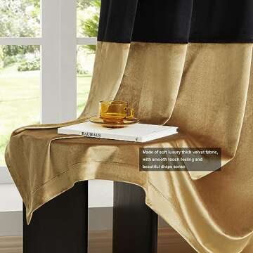 BULBUL Black Gold Velvet Window Curtains 96" Long