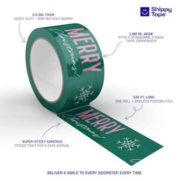 Merry Christmas Snowflake Decorative Packing Tape Cute Holiday Packaging and Shipping Tape - Green Pink, 1.88" x 110 Yards (330 feet)