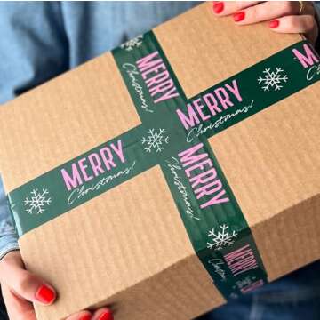 Merry Christmas Snowflake Decorative Packing Tape Cute Holiday Packaging and Shipping Tape - Green Pink, 1.88" x 110 Yards (330 feet)