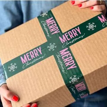 Merry Christmas Snowflake Decorative Packing Tape Cute Holiday Packaging and Shipping Tape - Green Pink, 1.88" x 110 Yards (330 feet)