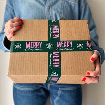Merry Christmas Snowflake Decorative Packing Tape Cute Holiday Packaging and Shipping Tape - Green Pink, 1.88" x 110 Yards (330 feet)