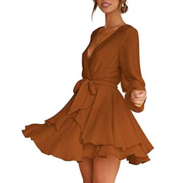 Womens Fall Dresses Long Sleeve Deep V-Neck Tie Waist Faux Wrap Dress Brown S