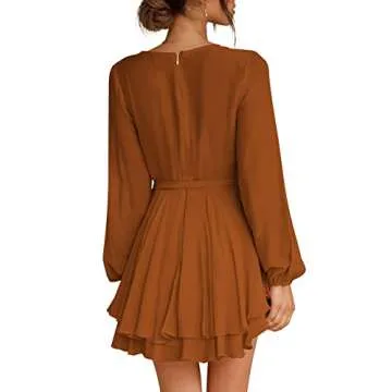Elegant Long Sleeve Deep V-Neck Tie Waist Dress for Women