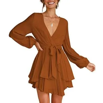 Elegant Long Sleeve Deep V-Neck Tie Waist Dress for Women