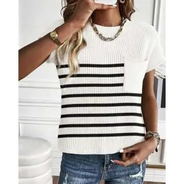 KIRUNDO Womens Spring Cap Sleeve Tops 2025 Summer Casual Crew Neck Lightweight Sweater Vest Ribbed Knit Pullover (Striped White, Large)