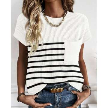 KIRUNDO Womens Spring Cap Sleeve Tops 2025 Summer Casual Crew Neck Lightweight Sweater Vest Ribbed Knit Pullover (Striped White, Large)