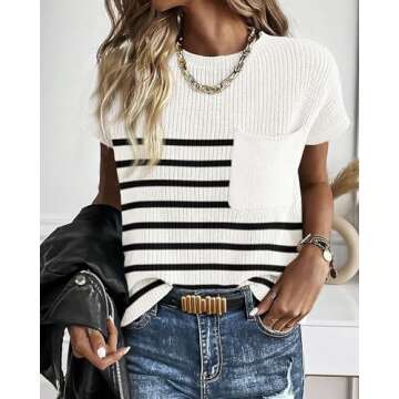 KIRUNDO Womens Spring Cap Sleeve Tops 2025 Summer Casual Crew Neck Lightweight Sweater Vest Ribbed Knit Pullover (Striped White, Large)