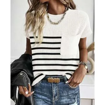 KIRUNDO Womens Spring Cap Sleeve Tops 2025 Summer Casual Crew Neck Lightweight Sweater Vest Ribbed Knit Pullover (Striped White, Large)