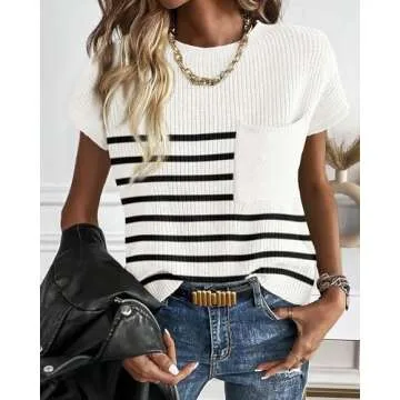 KIRUNDO Womens Spring Cap Sleeve Tops 2025 Summer Casual Crew Neck Lightweight Sweater Vest Ribbed Knit Pullover (Striped White, Large)