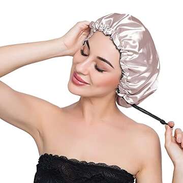 ELIHAIR Stain Bonnet Silky Sleep Cap Adjustable Satin Cap for Night Sleeping Hair Bonnet Reversible Double Layer Champagne/Grey