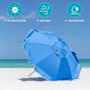 AMMSUN 7.5ft Heavy Duty HIGH Wind Beach Umbrella Commercial Grade Patio Beach Umbrella with Air Vent Ash Wood Pole & Carry Bag UPF 50+ Protection for Patio Garden Beach Pool Backyard Blue