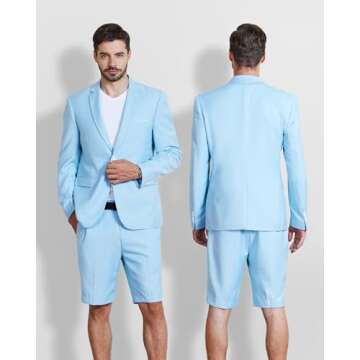 MY'S Men's 2 Piece Slim Fit Suit, One Button Blazer and Short Pants Set with Tie Light Blue