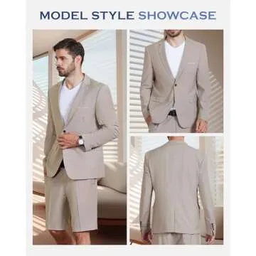 MY'S Men's 2 Piece Slim Fit Suit, One Button Blazer and Short Pants Set with Tie Light Blue