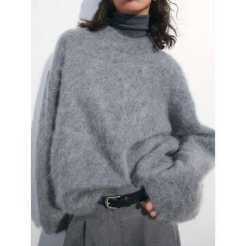 HOHOPEACH Oversized Mohair Sweater Women Cute Fuzzy Sweater Trendy 2024 Fall Fashion Crewneck Cute S...