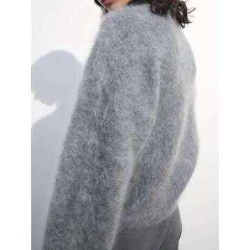 HOHOPEACH Oversized Mohair Sweater Women Cute Fuzzy Sweater Trendy 2024 Fall Fashion Crewneck Cute Sweaters Chunky (grey,M,Medium)
