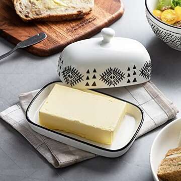Sweejar Porcelain Butter Crock Keeper, French Butter Dish Keeps the Butter Fresh Soft & Spreadable, Serving Butter Easy for Bread Lovers Breakfast Kitchen Counter (Painting）