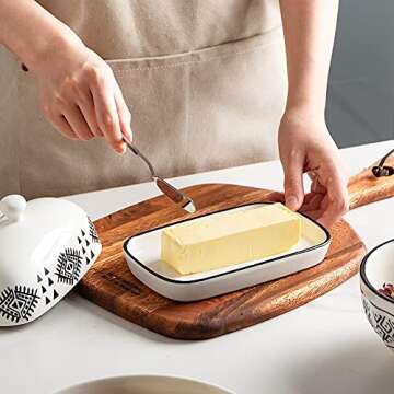 Sweejar Porcelain Butter Crock Keeper, French Butter Dish Keeps the Butter Fresh Soft & Spreadable, Serving Butter Easy for Bread Lovers Breakfast Kitchen Counter (Painting）